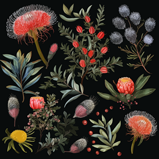 A collection on black with australian native flowers, watercolour, vector, clipart, intricate, ultra-detailed, vivid colours, high definition, UHD