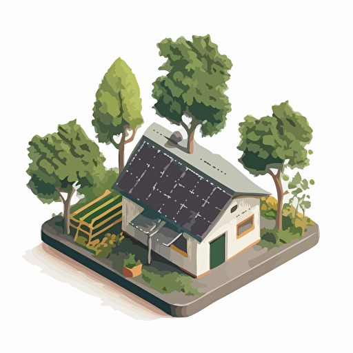 Simplified vector image from 2 colors of a workshop with trees and photovoltaic panels on the roof, white background