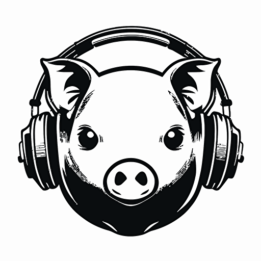 a logo for a dj, with a face of a pig with headphones around his ears, vector style, no textures and no colors, white background, simple, cute pig face