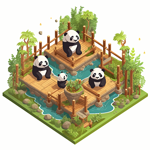 isometric cartoon vector style image of bamboo square platform with multiple pandas