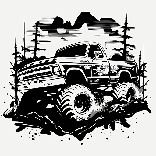simple Ford f150 Bigfoot monster truck driving over crushed cars black and white vector clipart