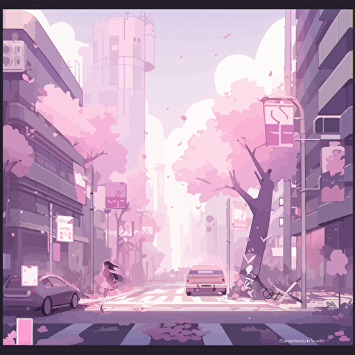 Vector illustration of a modern city, Aesthetics clean and minimalist, with purple and pink color scheme