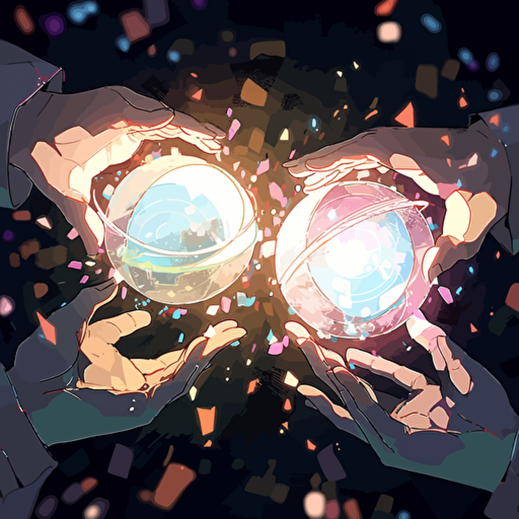 Two scientists conducting an experiment, their fingers gently touching a glowing orb that emanates an otherworldly energy, Experiment, scientists, glowing, energy, touch, futuristic, abstract, ambient lighting, chromatic, mysterious, vector illustration
