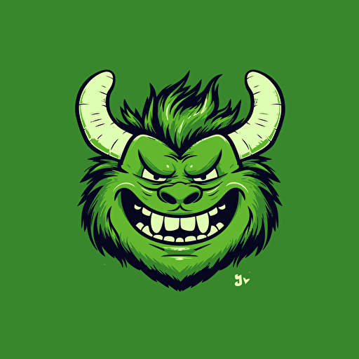 worlds happiest furry green monster, horns, vector art, vector logo, emblem, simple, 2D