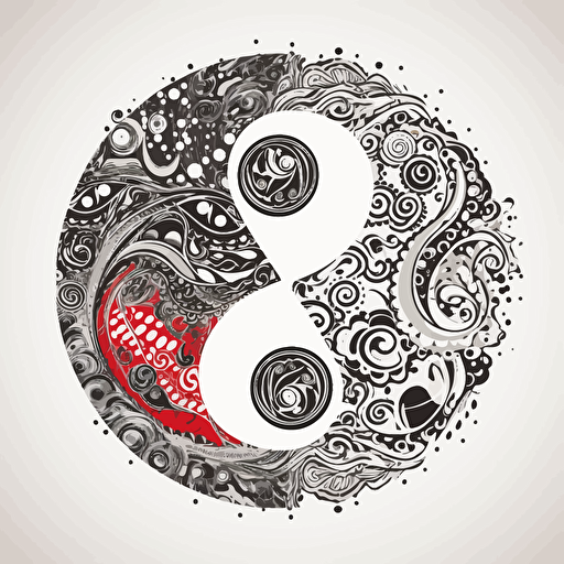 tribal ying & yang design with tiny ancient japan details, 2d, vector, white background