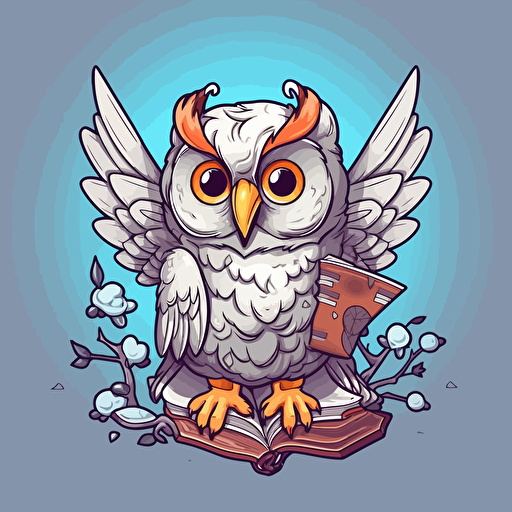 an owl reading a book, vector, cute illustration for sticker, illustrator, gray background, high resolution,
