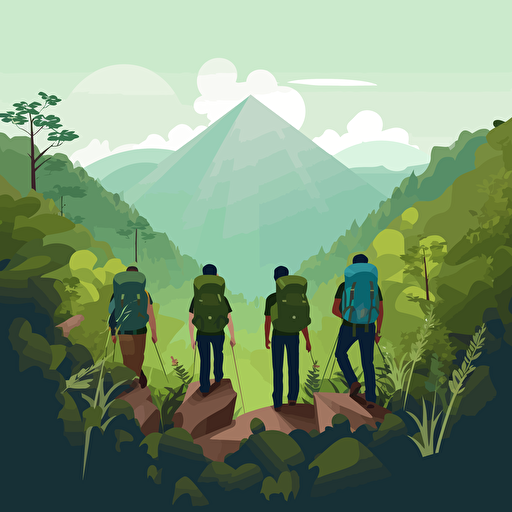 group of hikers in lush scenery. No backpacks. Vector