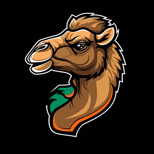 make a camel mascot logo design, brutal, strong, colors like black, orange, red, shades of green, and some colors that are usually used in esport logo, falt vector, great details, solid backgroud