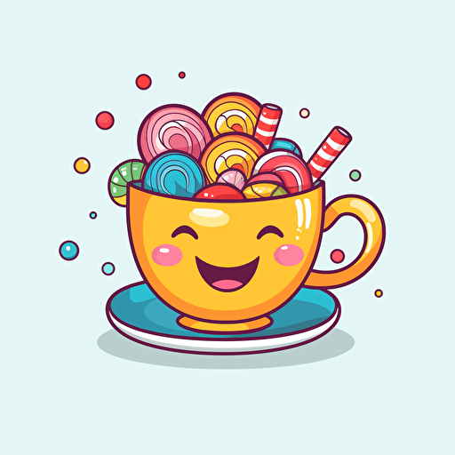 professional design vector, Happy cute colorful candy in a teacup, joy, vibrant colors, kawaii, contour, white background, smiling, happy, smile, joyful