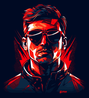 abstract vector illustration the handsome, driver of a formula one race car in full uniform and sunglasses, in the style of furaffinity, charismatic