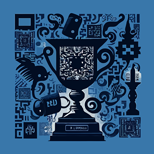 Design a visually captivating vector illustration of a QR code formed by silhouettes of old-fashioned and antique objects, utilizing a minimalistic style with dark blue and black tones. Incorporate geometric flat vectors to create a dynamic composition that evokes the spirit of op art, with precise placement of objects to create optical illusions.