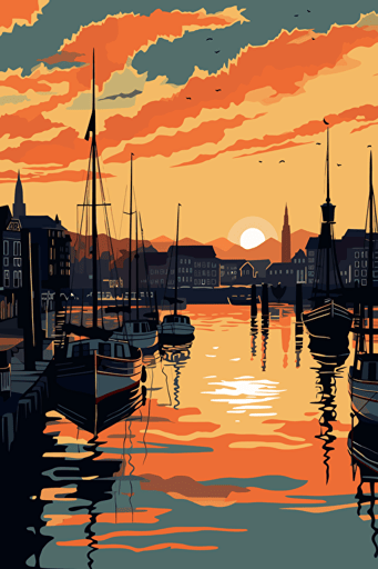 Hamburg city harbor, vector art, wistful, 1960s, sunset marina backdrop