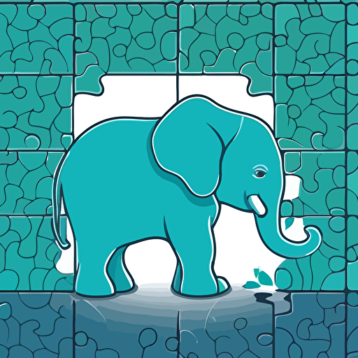 Create simple and elegant vector logo 2D baby elephant in aquamarine blue color, divided inside the outline into puzzle tiles, leaving one tile outside the elephant