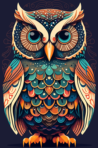 cute colorful detailed art deco owl illustration symmetrical flat vector