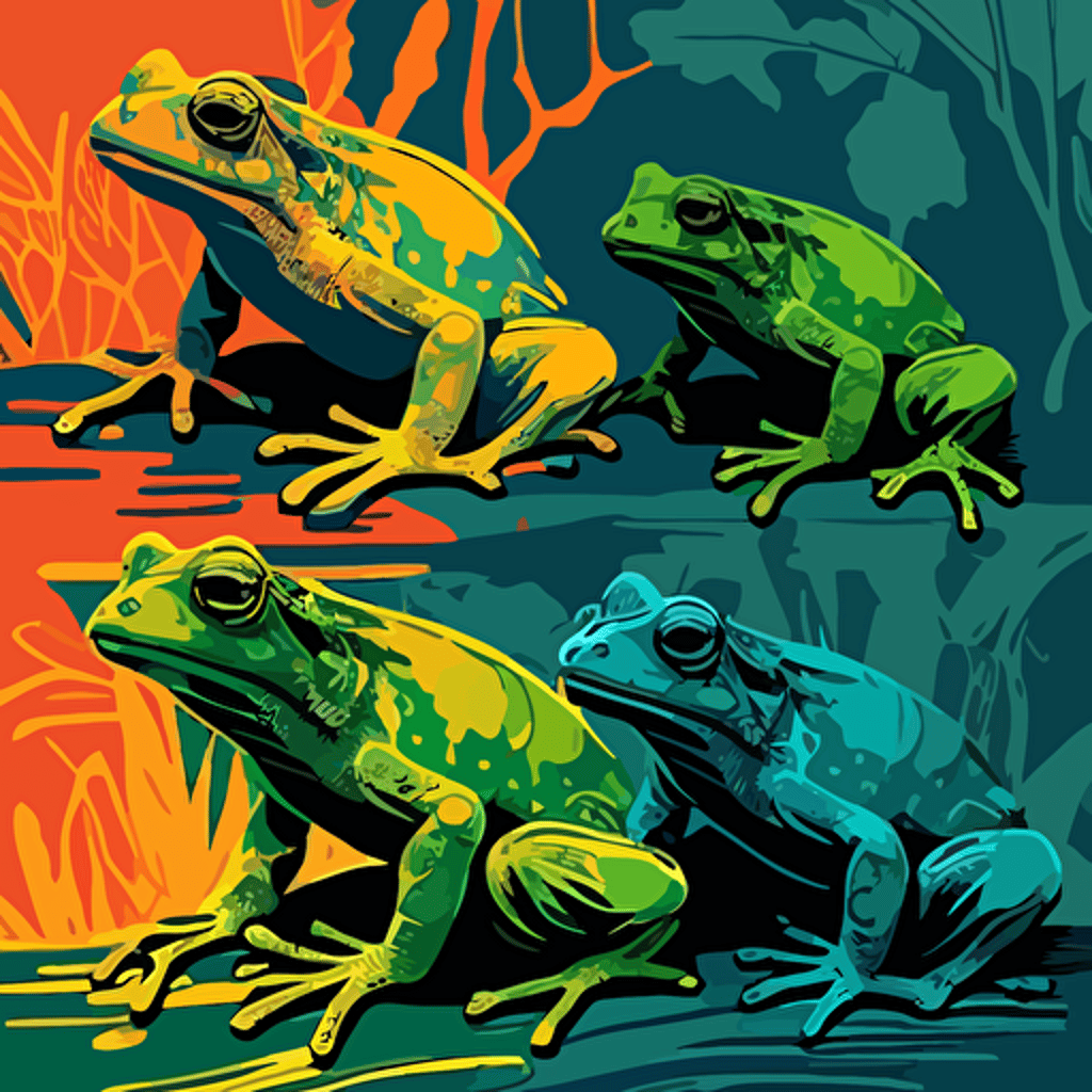 Inspired by Andy Warhol's pop art, create a vector illustration of a series of colorful prints featuring frogs in various poses and styles, referencing popular culture and consumerism. Set the scene in a contemporary art gallery.