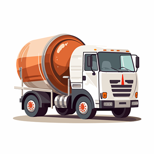 concrete mixer truck iwth wooden barrel, simple forms, flatart, 2D vector style, cartoon, white background, side view
