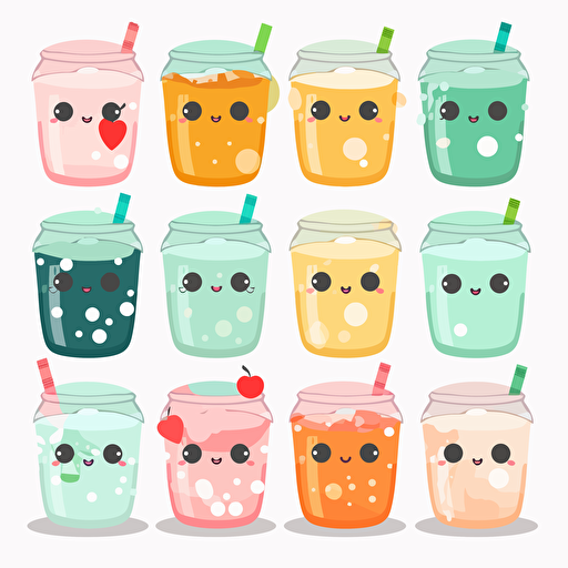 Kawaii drink bubbles, flat, 2D, vector, 16 colors, white background, in anime chibi style