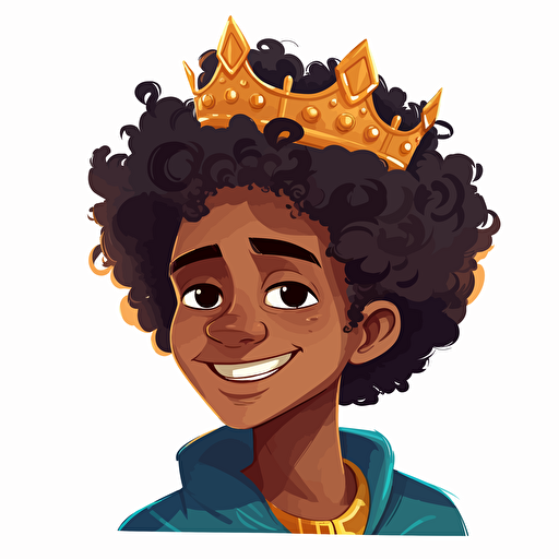 vector illustration of a cute, handsome black boy princes, with Afro hairstyle wearing a golden crown Disney style, in vivid colors.