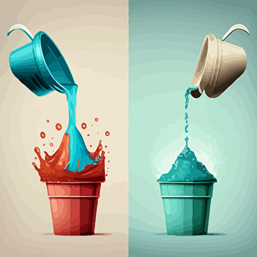 a vector image with a small bottlecap of water being poured into a bucket versus a bucket dumping water on an overflowed bottlecap