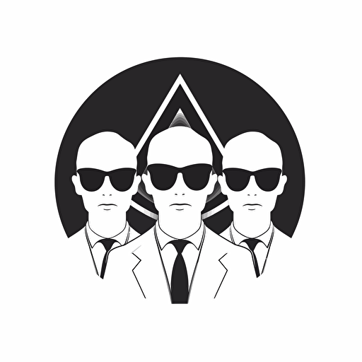 a vector, black and white simple logo showing three men sun glasses in front of a alien spaceship, no background