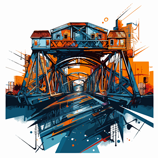 a vector image of a community building bridges, urban, blue and orange and dark gray, graffiti style