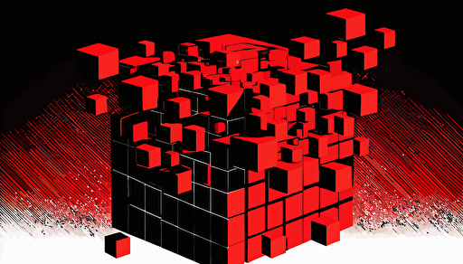 minimalist, vectorized, red and black colors, print layer , delicacy, elegant, one big cube morphing to several smaller cubes