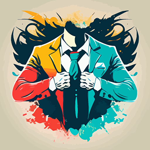 two hands open up a business jacket an embrace an superhero logo, comic style, vectorized, max 5 colors
