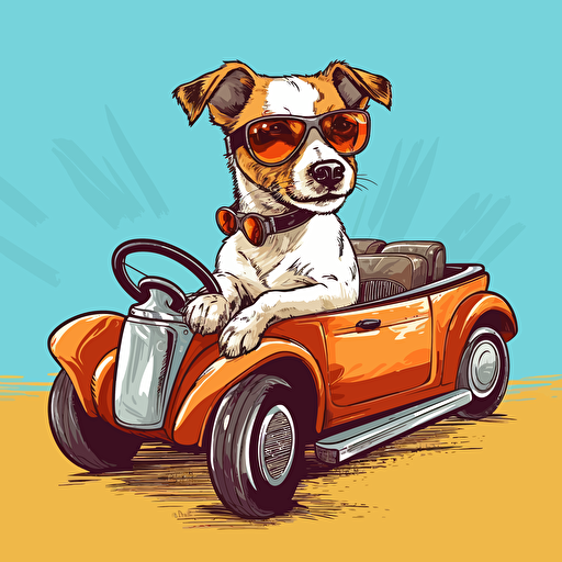 small jack russel drink coffe and then he ride fast on his cabriolet, comics story, colorfull sketch, vector illustration