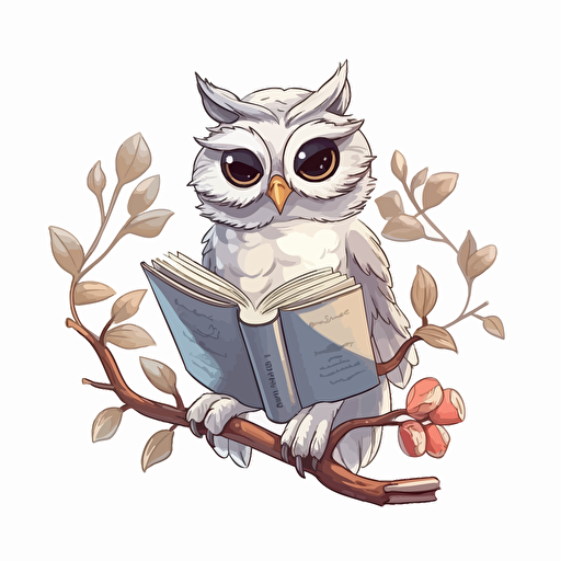 a happy Owl reading a book, gray color and cream color owl, sitting on a branch, white background, vector illustration, illustration