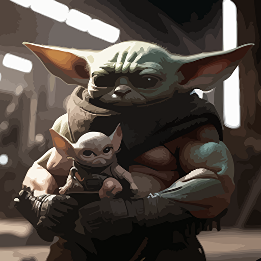 The Mandalorian as a bodybuilder holding Baby Yoda as a vector image