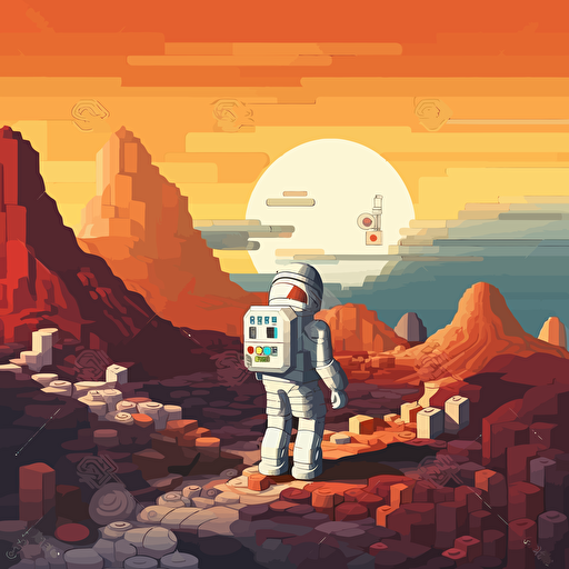 astronaut exploring a landscape made of lego bricks, vector quality, warm colors