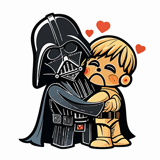 Darth vader and luke skywalker hugging, Clipart, Enthusiastic, Primary Color, comic style, Contour, Vector, White Background, Detailed