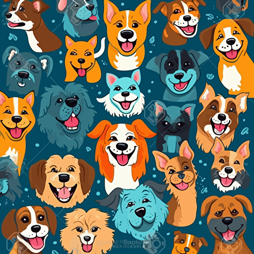 happy dog breeds, pattern, vector, vibrant colors, colored background