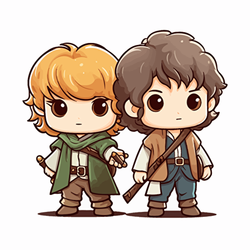 Vector image of a chibi style Merry and Pippin, from The Lord Of The Rings, cute and adorable. They are barefeet and they are NOT wearing boots or socks.