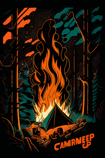 campfire, three colors, pop art deco illustration, hand vector art, black background,