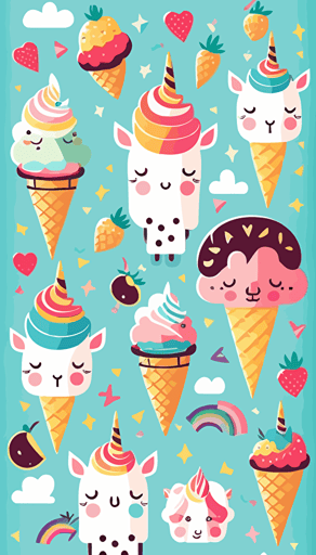 Vector style pattern with friendly and colorful unicorns, flamingos, cup cakes and rainbows, clear vector faces