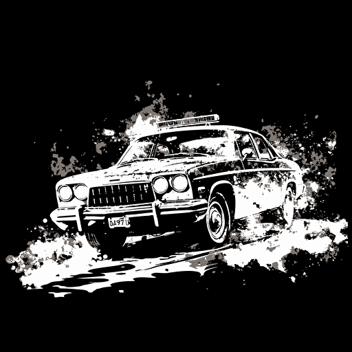 police car on fire in Mike Giants style of drawing, white on black background, no shading, 2D, vector,