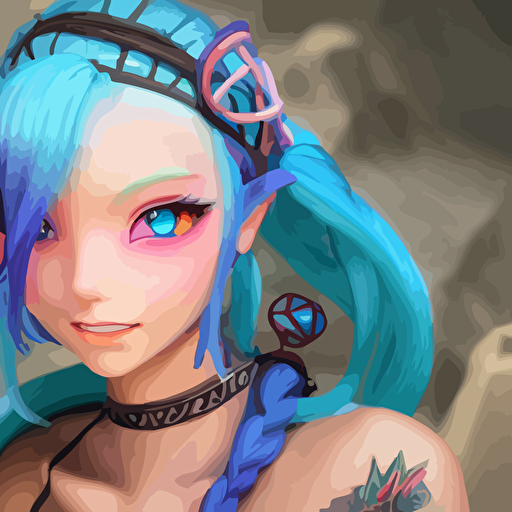 jinx league render beautiful 3d anime girl long braided sky blue hair twisted braid azure blue eyes round face short smile beach background cinematic lightning medium shot mid shot highly detailed trending artstation unreal engine 4k cinematic wallpaper