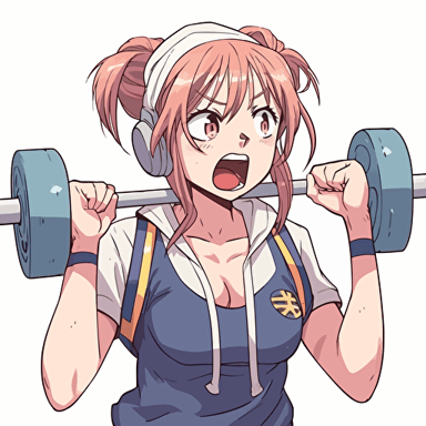 anime girl wearing sbd gear doing powerlifting exercices, facial expression displayed a strained expression, sweat dripping from the furrowed brow, tongue is out,