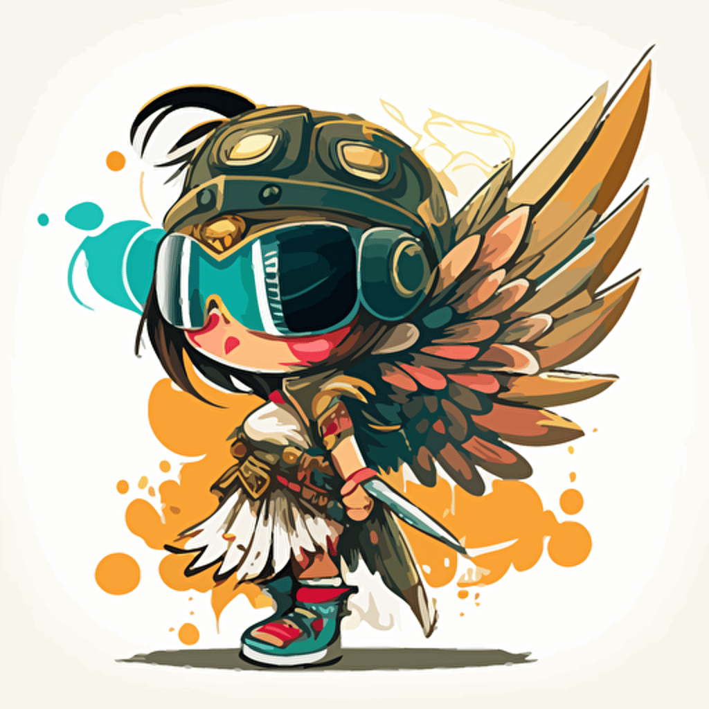 a very cute female angel wearing very big sunglasses dressed up as a warrior, as a cartoon type, as a vector, white background, bright graffiti colors