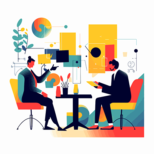 Create a contemporary flat vector depiction of a presentation using a corporate Memphis, Alegria, and flat illustration approach with a white backdrop and a restrained primary color scheme.