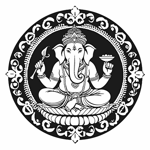a black and white clipart of ganesh, inscribed ina circle, vector, on white background
