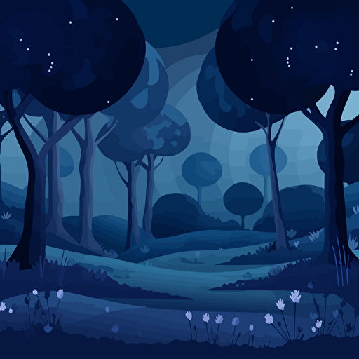 seamless unending cartoon background for children cartoon game. night forest landscape. vector illustration. parallax ready + background bottom layer should b toned down blue. The layer on top, only toned down navy blue of briefly drawn vectorized tree trunk shapes. The top layer should be the darkest shade of blue used in the picture, briefly vectorized trees. Landscape. AR 16:9.