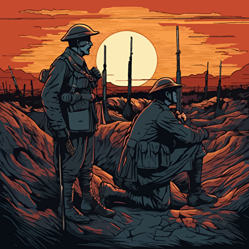very very sad and dejected english soldiers world war I , looking down , holding their guns with bayonette, dejected, in the trenches with helmets, 16:9 format, illustration vectorial style, limited color palette, the landscape above them in the composition