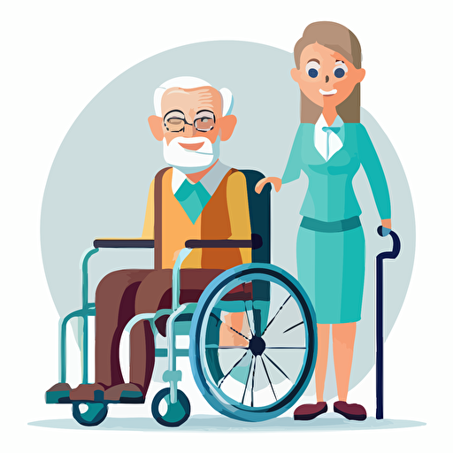 vector, female smiling caretaker, old man in wheelchair, white background
