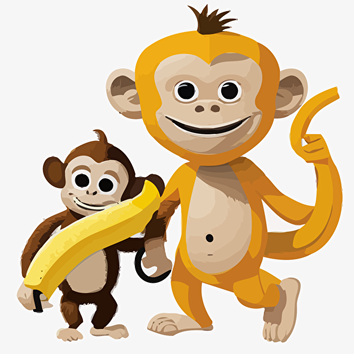 an anthropomorphic banana with a monkey in its hand, vector art ,