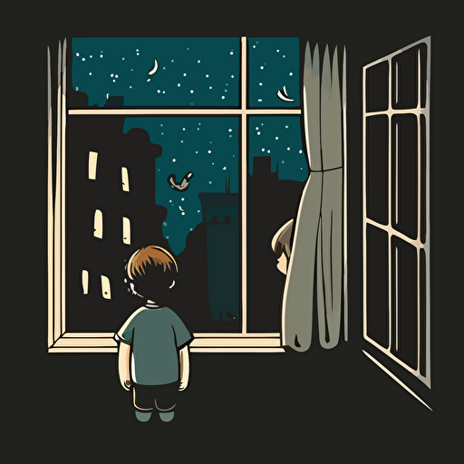 draw a 2D vector scene, cartoon about a boy on his back looking out the window at night, a simple drawing, in color but bordered with a black line, flat drawing and without details.