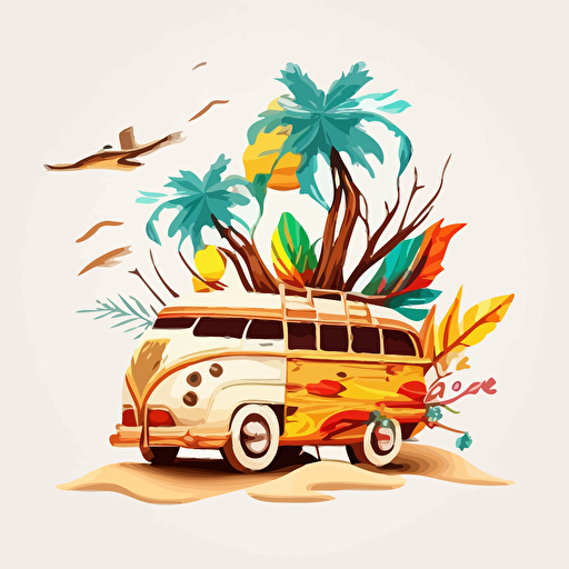 logo, white background, vector, woody wagon, beach elements, sunny day, vibrant colors, v5