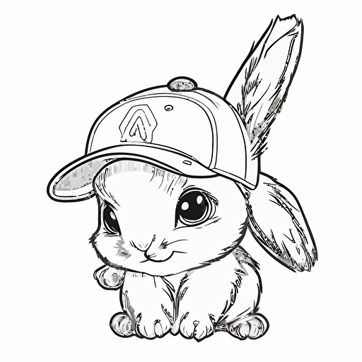 cute, happy bunny wearing a baseball hat, contour, vector, white background, clipart