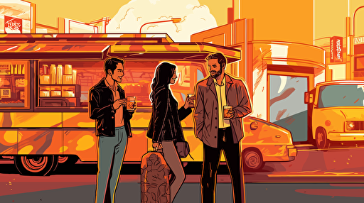 three people standing around a food truck on a busy street, eating and having conversation, modern illustration, vector art, morining time, detailed scene
